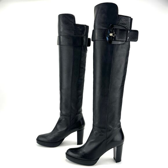 Stuart Weitzman Black Over The Knee Tall Boot Block Heels Platform Sz 5M Leather - Picture 1 of 13